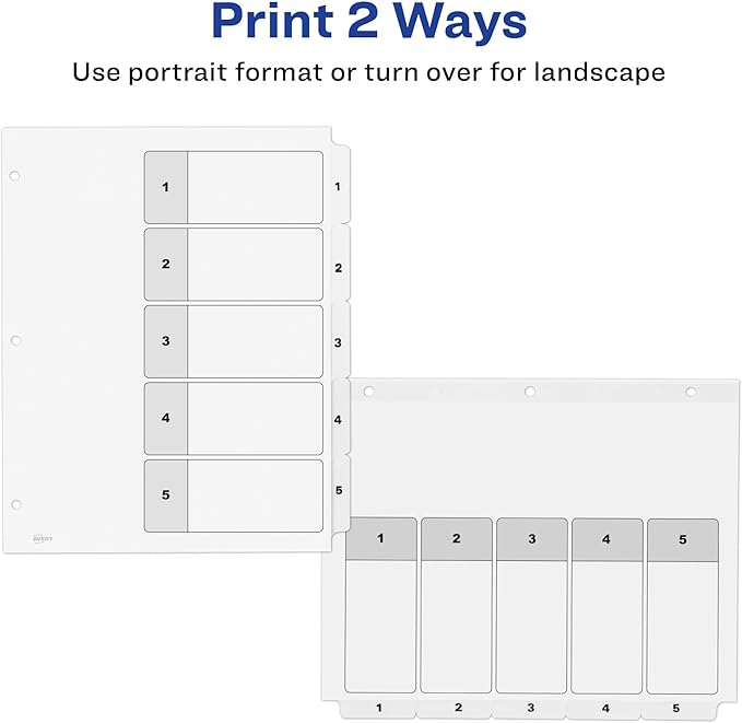 Avery Dividers for 3 Ring Binders, 5 Tabs per Set, Customizable Table of Contents, Classic White Tabs, Great for Organizing Reports, Projects, and More (6 Sets of 11821)