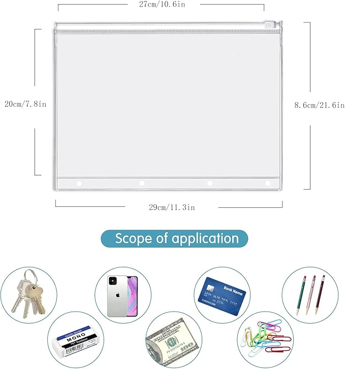 4 Pack A4 4 Holes Binder Zip Pockets Plastic Binder Zipper Folders Waterproof 4 Holes Zipper Loose Leaf Bags Zip Lock Envelope for Documents Notebooks Cards (Zip Pocket, A4)
