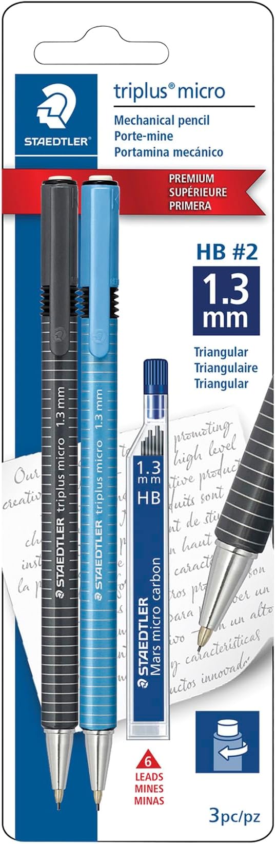 STAEDTLER Triplus Micro Mechanical Pencils, 1.3mm #2 Lead with Twist Eraser, Ergonomic Triangular Grip, Includes 6 Refills, Break-Resistant Lead, 2-Pack