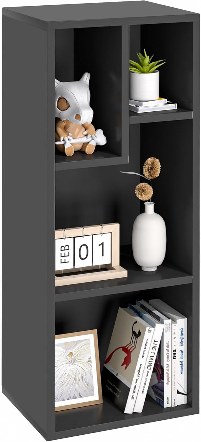 VECELO Small Bookshelf, 4 Cube Slim Bookcase, Fits Tallest Hardcovers, Horizontal Available, Modern Floor Standing Unit, Each Shelf Hold Up to 66 LBS,Black