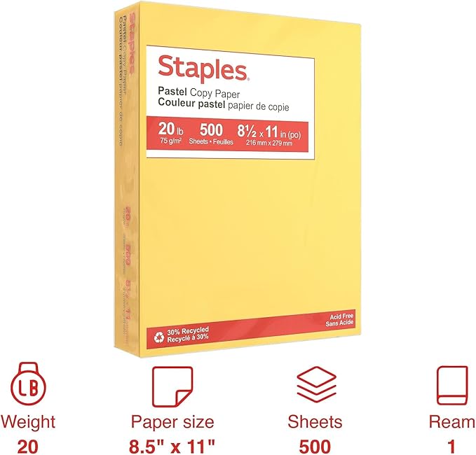 Staples 30% Recycled, 8.5 x 11 Inch, 20 lbs, 500-Sheets Pack, Canary, For Office, School & Home