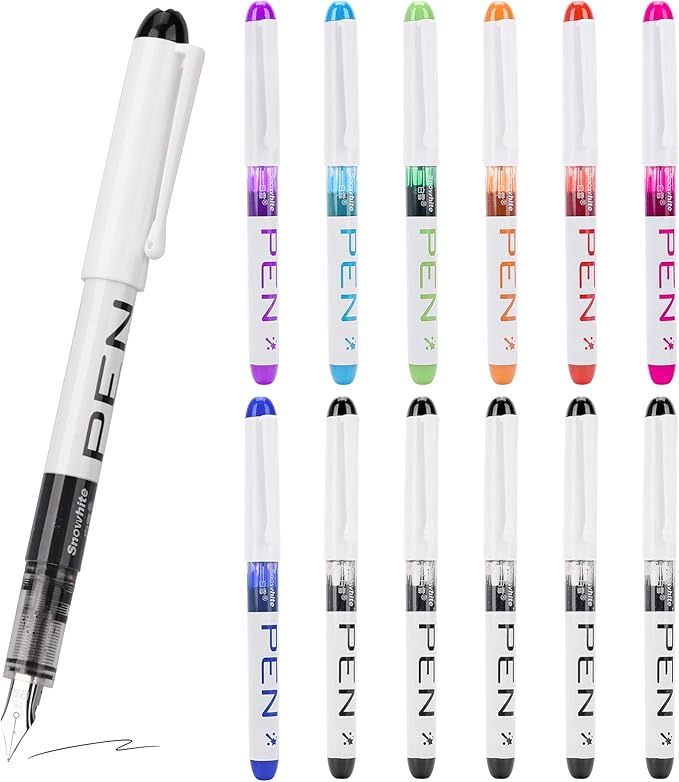 EEOYU 12 Pieces Disposable Fountain Pens, Smooth-Writing Office Supplies for Sketching, Journaling, Calligraphy, Doodling and Gifts (Assorted Colors)