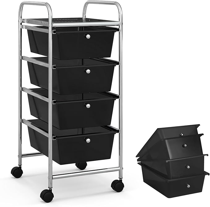 COSTWAY Rolling Storage Cart with 4 Drawers, Plastic Storage Cart and Organizer w/ 4 Removable Drawers, Multipurpose Organizer Cart for Home Scrapbook Paper Office School Tools (Black)