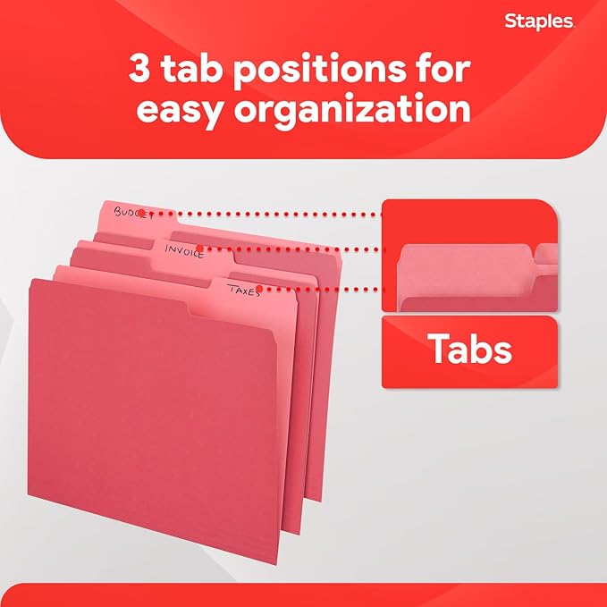 Staples File Folders, Letter Size, 1/3‑Cut Tabs, Red, Durable 10.5‑Point Paper Stock, 100/Pack