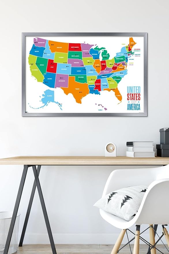 Trends International Map - United States Of America 2022 Wall Poster, 22.375" x 34", Silver Framed Version