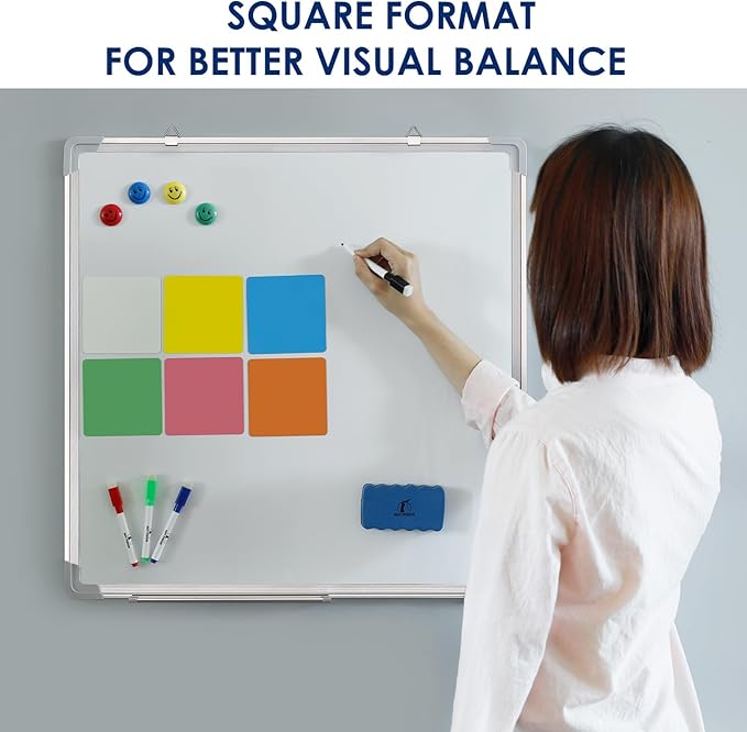 Whiteboard Set - Dry Erase Board 24 x 24 in with 1 Magnetic Eraser, 4 Dry Wipe Markers, 4 Magnets and 6 Magnetic Labels - Wall Hanging Reminder Kanban White Board for Home and Office (24x24 inch)
