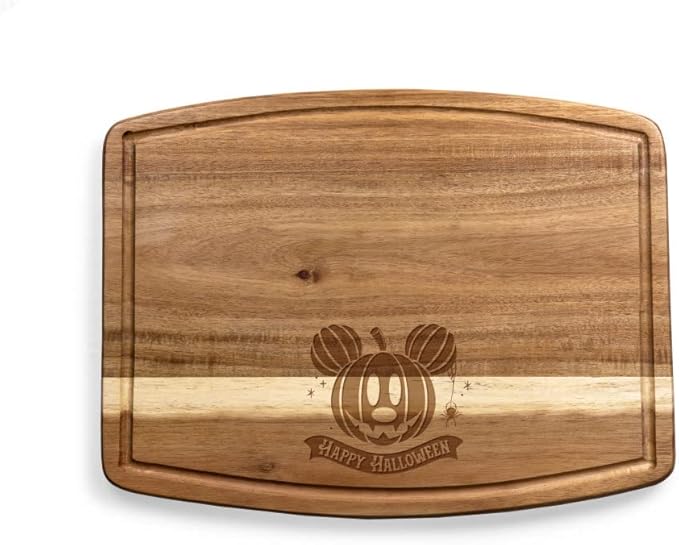 PICNIC TIME Disney Mickey Mouse Pumpkin Face Ovale Acacia Cutting Board Serving Board Charcuterie Cheese Board with Juice Groove Halloween Kitchen Decor Gift, (Acacia Wood)