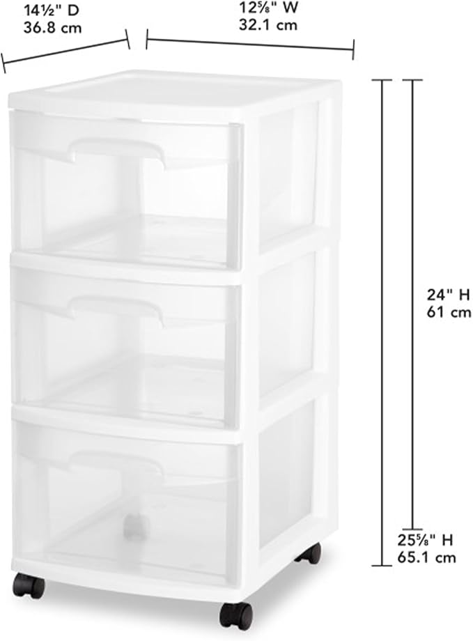 Sterilite 6 Pack Plastic Storage Organizer, 3 Drawer Rolling Bin Cart, Closet Organization, White