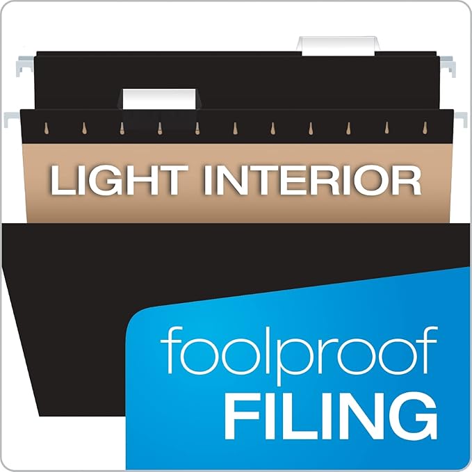 Pendaflex Black Hanging File Folders, 8.5 X 11 Letter Size with 1/5 Cut Adjustable Tabs - 50 Pack