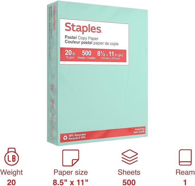 Staples Pastel Color Copy Paper, 20 lbs., 8.5" x 11", Turquoise, 500 Sheets/Ream