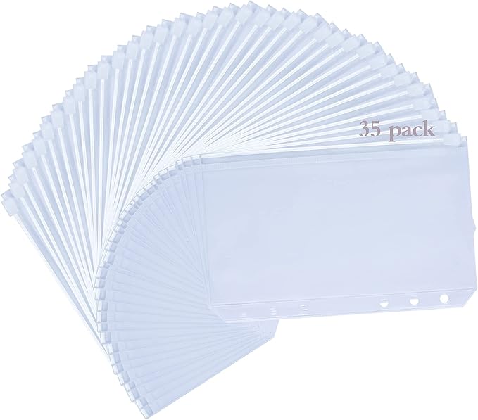35pcs Binder Pockets A6 Binder Zipper Folders 6 Holes Zipper Binder Pocket for 6-Ring Notebook Loose Leaf Bags, Waterproof PVC Pouch Document Filing Bags for Cash, Cards