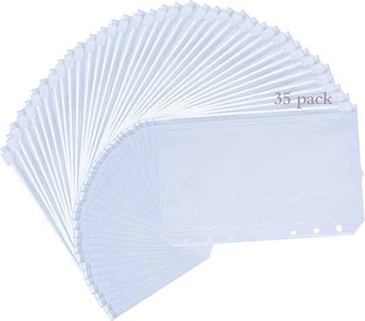 35pcs Binder Pockets A6 Binder Zipper Folders 6 Holes Zipper Binder Pocket for 6-Ring Notebook Loose Leaf Bags, Waterproof PVC Pouch Document Filing Bags for Cash, Cards