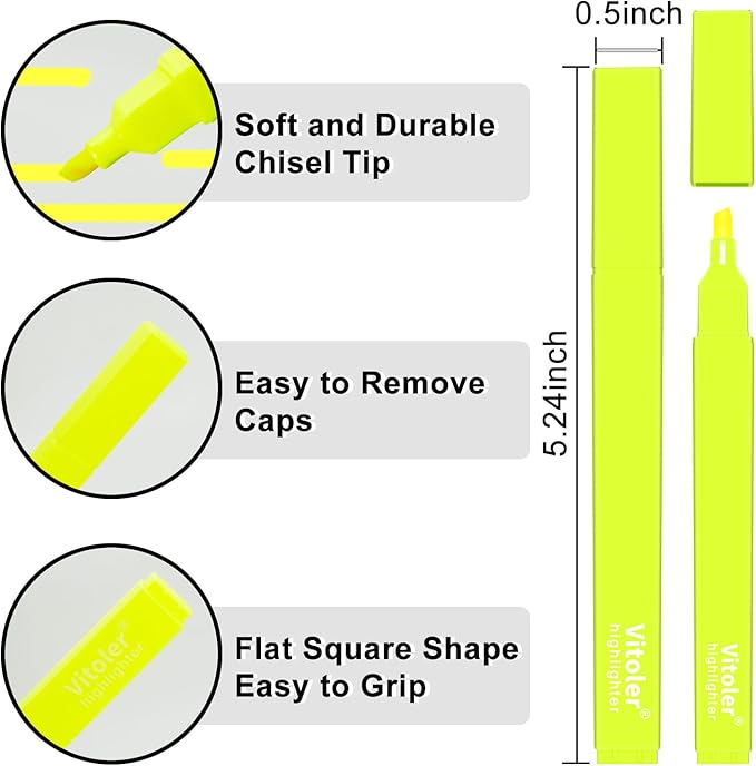 Vitoler Fluorescent Yellow Highlighters,10 Pack Bright Color Chisel tip Highlighters for Adults in the Home School Office