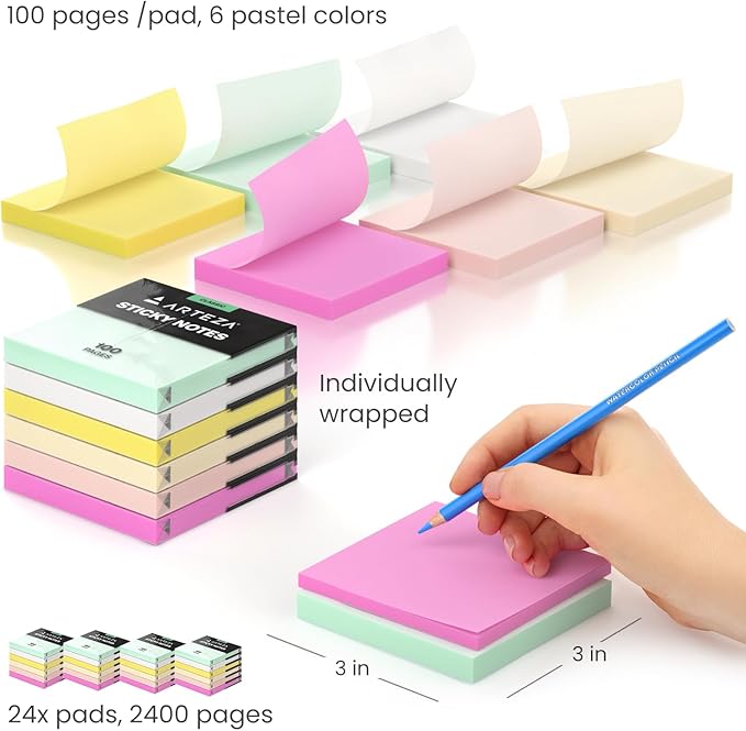 ARTEZA Sticky Notes, 3x3 Inches, 24 Pads, Bulk Pack of Assorted Multicolor Self-Adhesive Notes for Office, School & Home