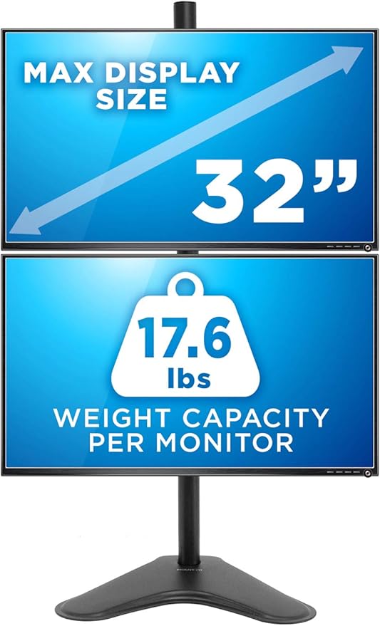 Mount-It! Vertical Dual Monitor Stand, Stacked Desk Mount Fits Two 13–32 Inch Screens up to 17.6 lbs Each, Height Adjustable Free Standing Pole with Tilt Swivel Rotate, Ergonomic VESA Riser, Black