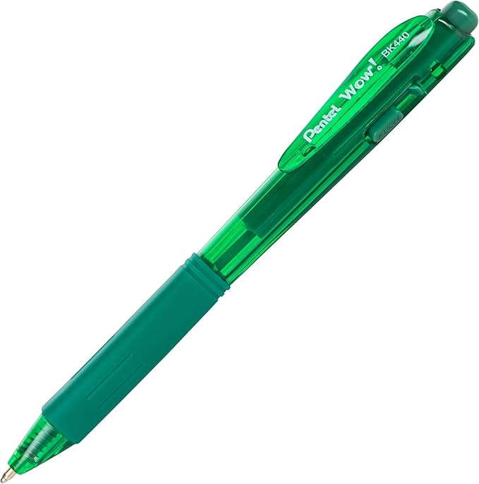 Pentel Wow! Retractable Ballpoint Pens, (1.0mm), Medium Line, Green Ink, Box of 12 (BK440-D)