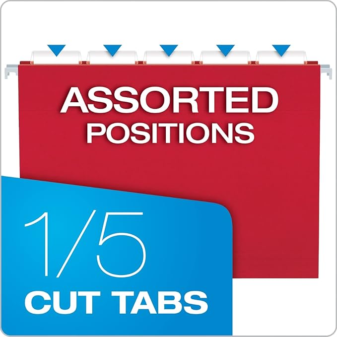 Pendaflex Colored Hanging File Folders Letter Size with 1/5 Cut Adjustable Tabs, 8.5 X 11-50 Pack of 12 Assorted Colors