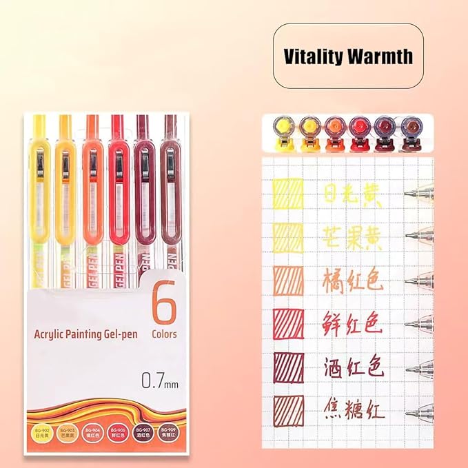 6 Pcs Acrylic Gel Pens 0.7mm Quick Dry Colorful Fine Point Smooth Writing Ballpoint, Office for Coloring, Black Paper, Drawing, Journaling, Note Taking, School Supplies, Vibrant Warm Colors