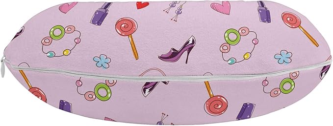 Ambesonne Cartoon Travel Pillow Neck Rest, Girls Illustration with Fashion Accessories and Makeup Lollipop Flower Print, Memory Foam Traveling Accessory for Airplane and Car, 12", Pink Purple