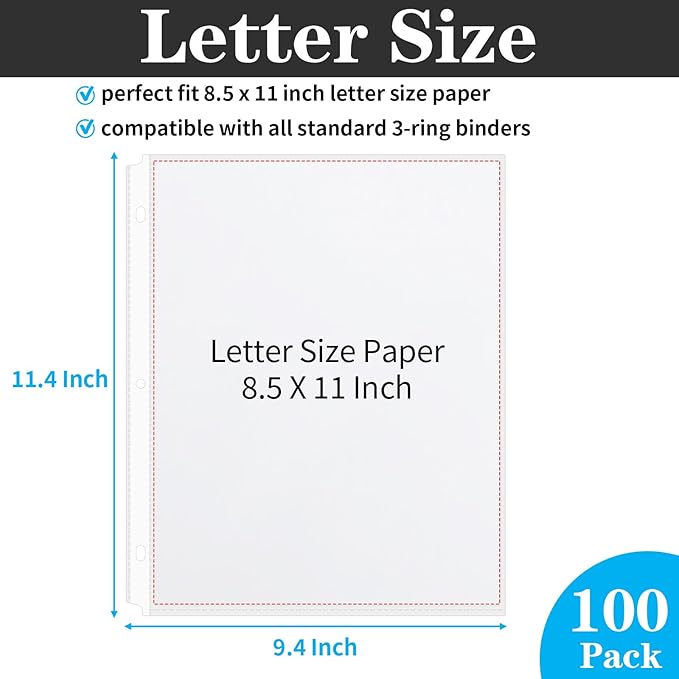 100 Pack Clear Sheet Protectors 8.5 x 11 Inch, Letter Size Page Protectors for 3 Ring Binder, Premium Polypropylene, Reinforced Holes, Acid Free, Top Loading for Documents, Paper, Photos