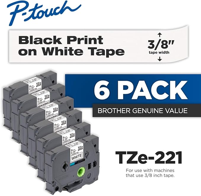 Brother Genuine P-Touch 6-Pack TZe-221 Laminated Tape, Black Print on White Standard Adhesive Laminated Tape for P-Touch Label Makers, Each Roll is 0.35"/9mm (Approx 3/8") Wide, 26.2 (8M) Long