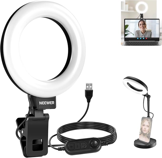 NEEWER Basics 5" LED Desktop Ring Light with Stand, Monitor Clamp, 10W, Compatible with iPhone Desk Computer Laptop Webcam Phone for Selfie Makeup Recording Zoom Video Conference Lighting, Black BR60