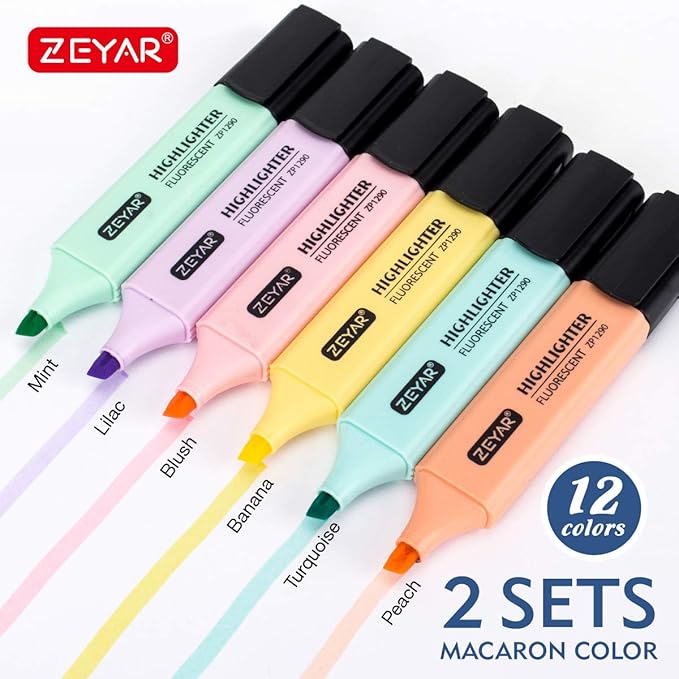 ZEYAR Highlighter, Macaron Colors Chisel Tip Marker Pen, AP Certified, Assorted Colors, Water Based, Quick Dry(2 Sets Macaron)