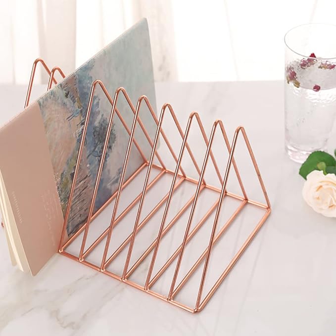 Sooyee 2 Pack 9 Slot Rose Gold Magazine Holder,Desktop File Sorter Organizer Triangle Bookshelf Decor Home Office