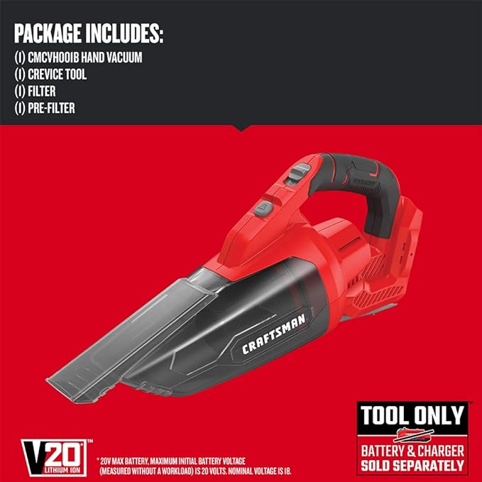 CRAFTSMAN V20 Cordless Hand Vacuum, 45 CFM, 2 Stage Filtration System with Filter, Bare Tool Only (CMCVH001B)