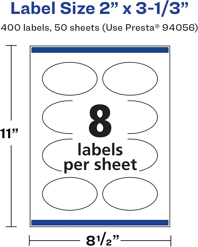 Avery Glossy White Oval Labels, Sure Feed Technology, 2" x 3-1/3", 400 Glossy White Labels, Print-to-The-Edge, Permanent Adhesive, Laser/Inkjet Printable