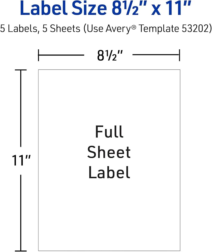 Avery Printable Sticker Paper, 8.5" x 11", Matte White, Repositionable Adhesive, Laser/Inkjet Compatible, 5 Full-Size Label Sheets, Great for Product Branding, Cute Stickers, Crafts, and More (53202)