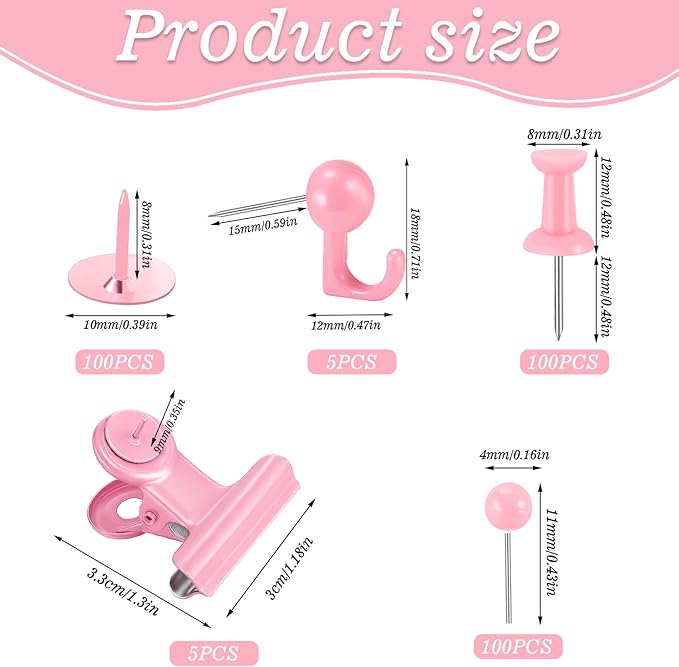 310 Pcs Push Pins Set, Pink Thumb Tacks Decorative Push Pins for Cork Board with Hook Pushpin Clip 5 Style Office Accessories for Cork Board Map Office (Pink)