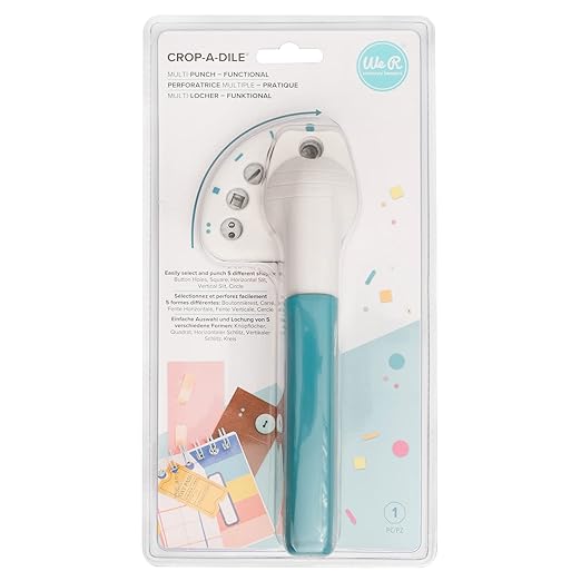 We R Memory Keepers Crop-A-Dile Power Multi Hole Punch, 5 Different Shapes, Button, Square, Horizontal Slit, Vertical Slit, Circle, for Paper Cardstock, Chipboard, Fabric, Thin Tin, Leather, Plastic