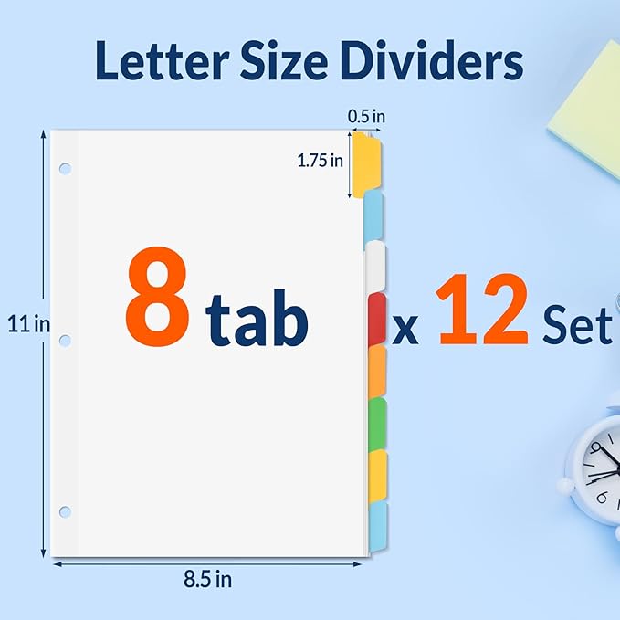 SUNEE Binder Dividers with Colorful Write On & Erase Tabs for 3 Ring Binder, 8.5 x 11 Paper White Reusable Dividers Blank with 8 Tabs, 12 Sets Page Dividers for School, Office and Home, 96 Dividers