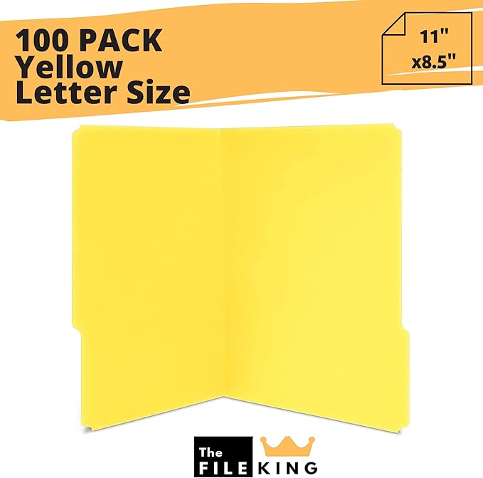 The File King 1/3 Cut Yellow File Folders Letter Size - 100 Pack | Made in USA | Heavy Duty | Assorted Colors | 8.5 x 11 | 100% Recycled Content
