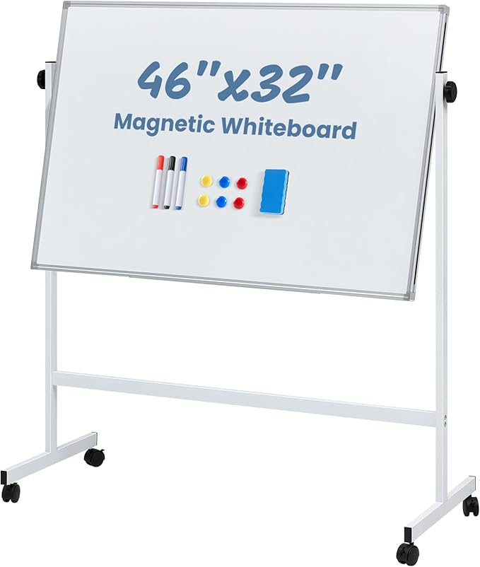 DUMOS Rolling Whiteboard Double Sided 46 x 32 Inches, Magnetic White Board Dry Erase on Wheels, Dry Erase Board with Stand for School, Office and Home, Silver Aluminium Frame, White