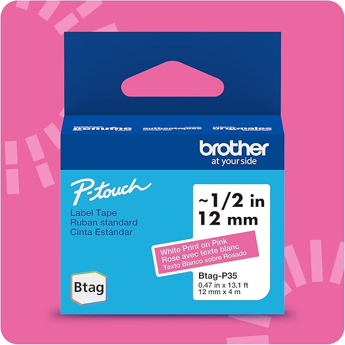 Brother Genuine P-Touch Btag BTAGP35 Black Print on Pink Label Tape ~1/2in by 13.1ft (12mm x 4m). (Works Only with Brother PT-N10, PT-N20, PT-N25BT Label Makers)