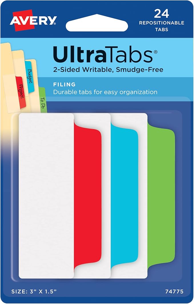 Avery Filing Ultra Tabs, 3" x 1.5", 2-Side Writable, Red/Blue/Green, 24 Repositionable File Tabs (74775)