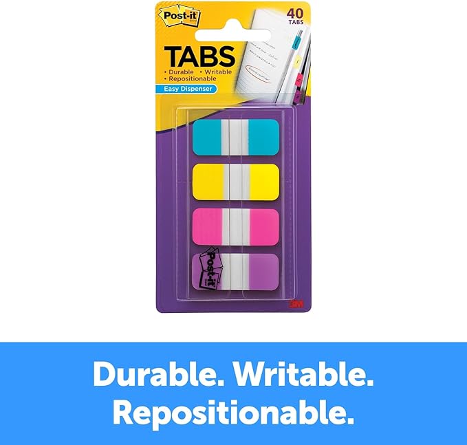 Post-it Tabs, .625 in Solid, Aqua, Yellow, Pink, Violet, 10/Color, 40/Dispenser (676-AYPV) (3 Pack)