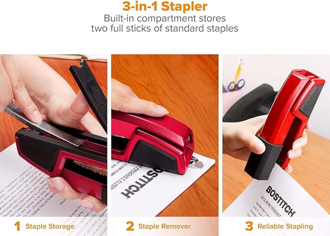 Bostitch Office Epic Metal 3 in 1 Stapler, 25 Sheet Capacity, Includes 210 Staples in Staple Storage Compartment & Integrated Remover,