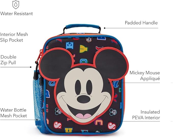 Disney Store Official Mickey Mouse Letters Insulated Lunch Box - Mickey Mouse Lunch Bag for Kids with Double Zip Pull, Embroidered Details, Screen Art, Mesh Pocket, ID Label - Perfect for School