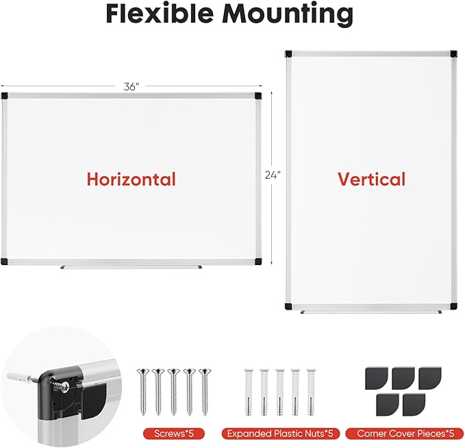 NEWBULIG Magnetic Dry Erase Whiteboard, 36" x 24" Large White Board with Silver Aluminum Frame for Wall with 1 Dry Eraser & 2 Multicolor Markers & 4 Magnetic Pins for Office, Home, School