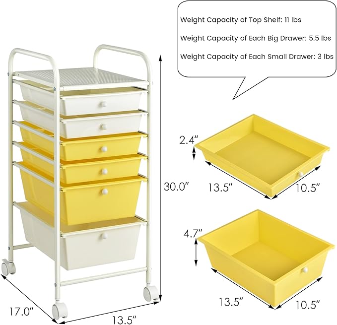COSTWAY 6-Drawer Rolling Storage Cart, Multifunctional Art Craft Tools Organizer on Wheels, Heavy Duty Utility Mobile Storage Trolley w/ 2 Lockable Wheels for Home Office School (Yellow, Beige & Grey)
