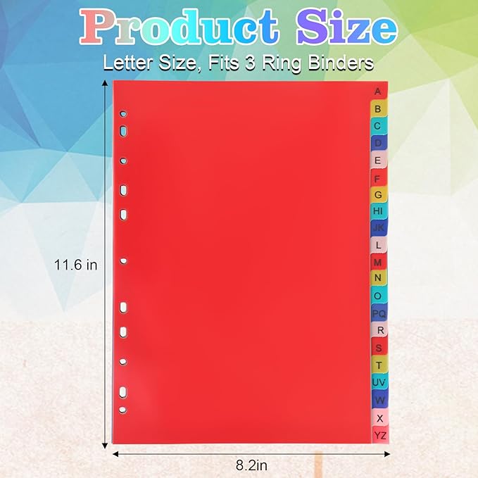 Tab A-Z Binder Dividers, Alphabet Plastic Binder Dividers with Multicolor Tabs, Letter Size 8.2" x 11.6", for 3 Ring Binders, Fits 2/3/4/11 Ring Notebook (21)