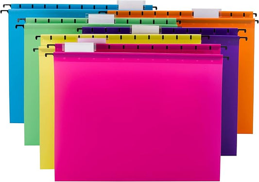 Smead Poly Plastic Hanging File Folders for Documents with Tabs, Letter Size, 0.5 Inch Expansion, File Cabinet Organizer for Filing Cabinets, Assorted Bright Colors, 12 Pack, Office Supplies (64030)