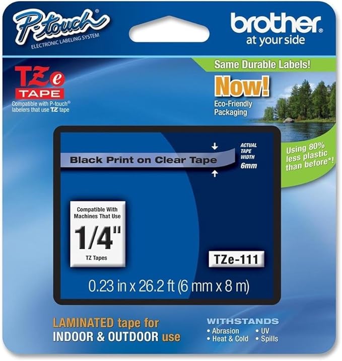 Brother Laminated Tape Black on Clear, 6mm (Tze111)