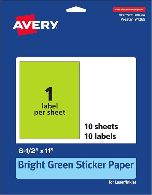 Avery Printable Sticker Paper, 8-1/2" x 11", Full-Sheet Labels, Bright Green Labels, Laser/Inkjet Printable, 10 Total, Great for Packaging and Stickers