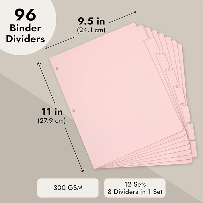 Paper Junkie Binder Dividers with Tabs - Letter Size, Pink, 96 Count - Dividers for 3-Ring Binder for School, Office Supplies & Nursing School Supplies