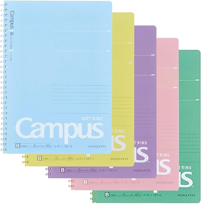 KOKUYO Spiral Lined Notebook, 5 Pack 10'' x 7'' Pastel Journal B5 Campus Soft Ring Notebooks with Dot 6 mm Ruled, 40 Sheets, 1 Subject Notebook, Note Taking for School. Japan Import (SU-S111BT)