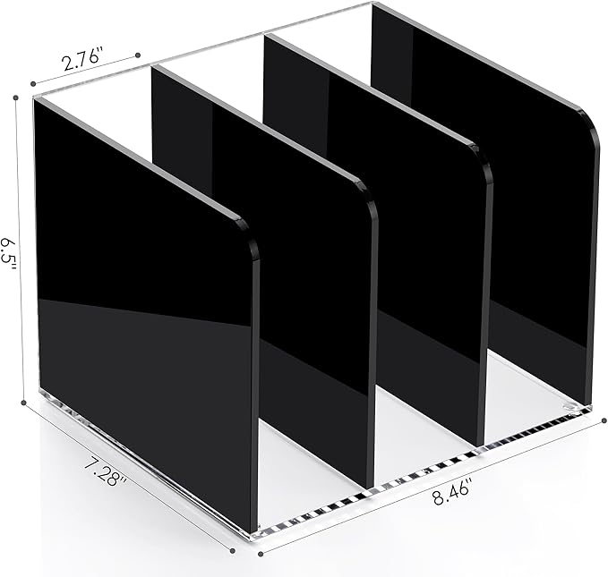 SANRUI Acrylic Magazine File Holder Desktap Organizer, Clear Folder Rack Workspace Document Sorters, Bookend File Office Accessories Organization Storage, (Black 3 Vertical Compartments)